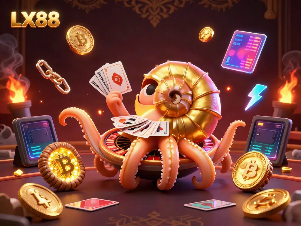 Experience thrilling gameplay at LX88 with a giant nautilus roulette wheel and glowing casino elements.