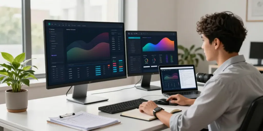 Marketer analyzing website data and instant indexing metrics in a modern workspace.