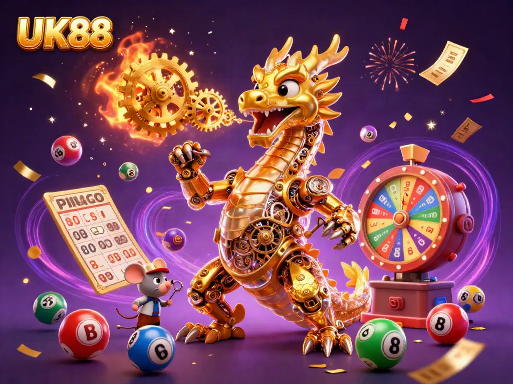 Experience UK88's dynamic gaming world with a biomechanical dragon in a colorful casino scene.