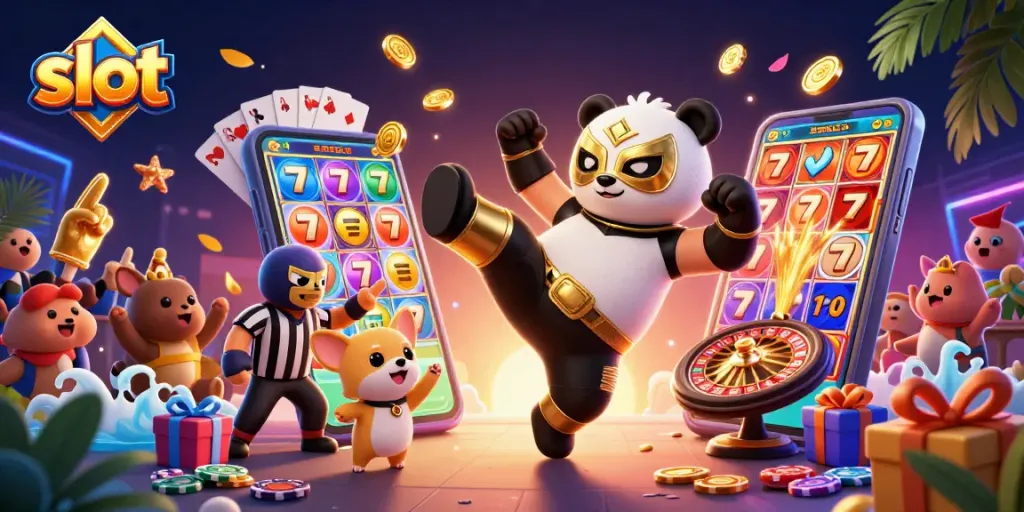 Experience the thrilling action of slot gaming as a wrestler panda kicks and excitement erupts!
