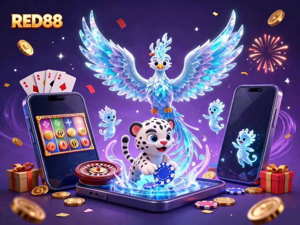Experience the magic of RED88 with lively characters and thrilling casino elements in an engaging 3D scene.