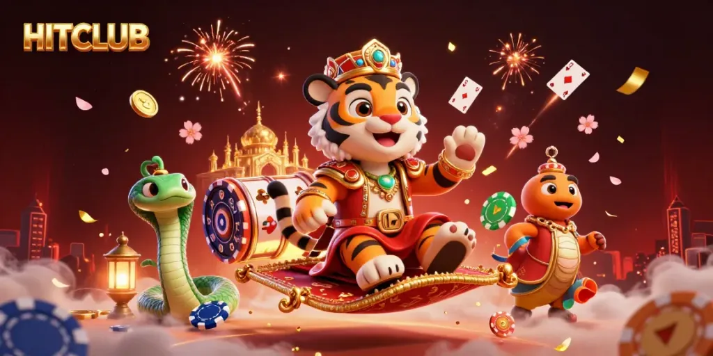 Experience thrilling HITCLUB gaming with a vibrant sultan and magical elements in a dazzling casino scene.