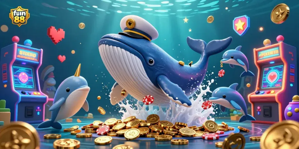 Engage with fun 88 while enjoying playful dolphins and a witty whale in a vibrant casino scene.