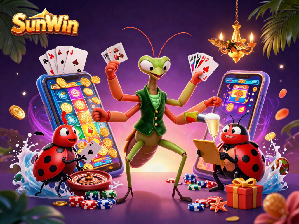 Experience SunWin's exciting gameplay with a vibrant casino scene showcasing a giant praying mantis dealer.