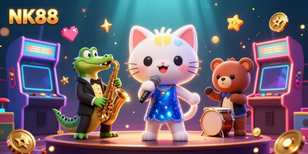 NK88 casino-themed illustration featuring lively animated characters in a vibrant scene.