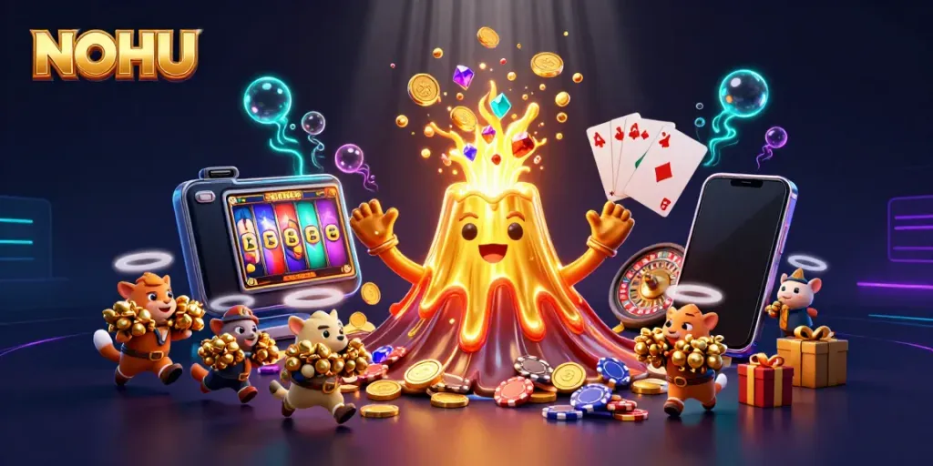 Experience thrilling gameplay with NOHU as golden coins erupt, showcasing a colorful slot game atmosphere.