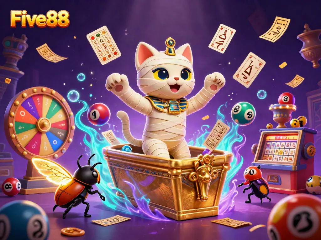 Experience thrilling wins at Five88 with a glowing Egyptian-themed casino scene featuring vibrant games and exciting action.