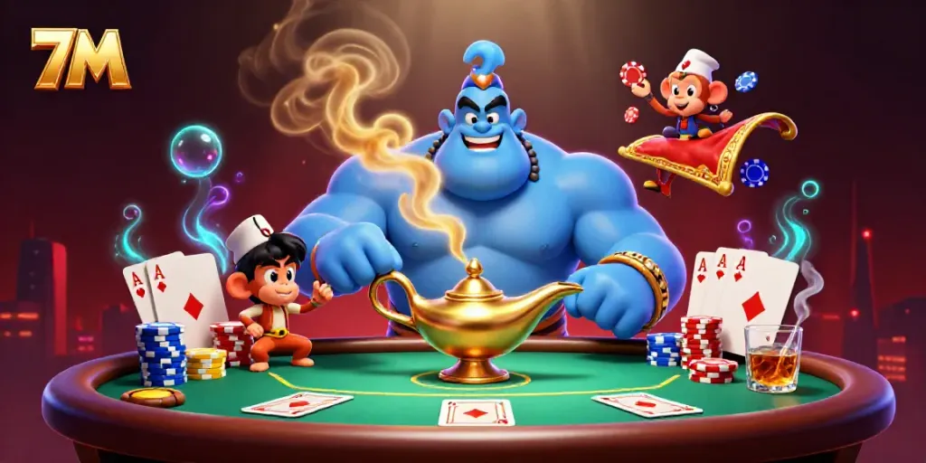 Experience thrilling 7M casino gameplay with a vibrant scene of a genie, poker chips, and magical elements.