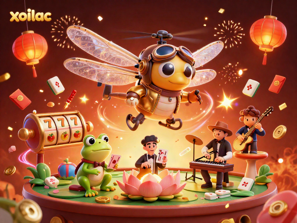 Experience high-energy gaming at xoilac with a vibrant casino scene featuring a dragonfly pilot and more.