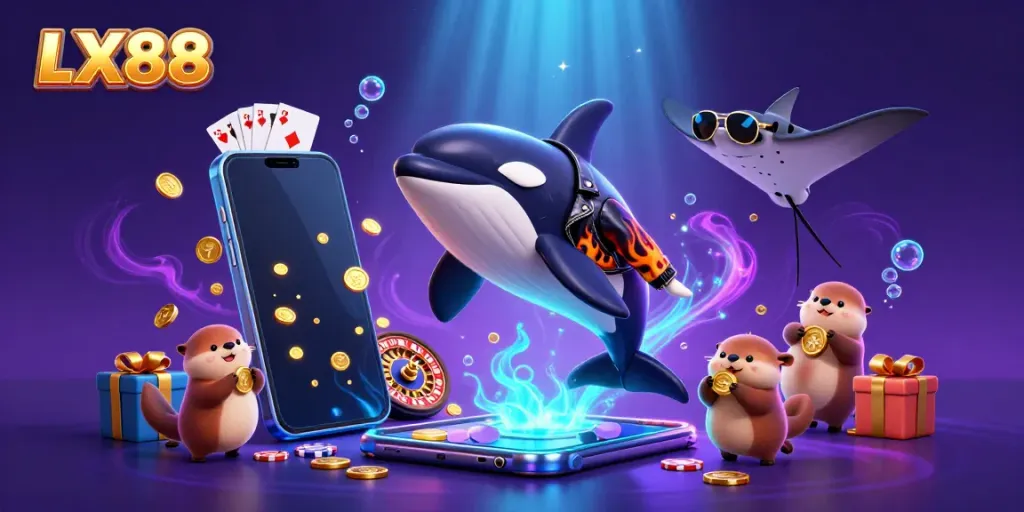 Experience the excitement of LX88 with a vibrant 3D scene showcasing an orca, stingray, and otters celebrating with coins and games.