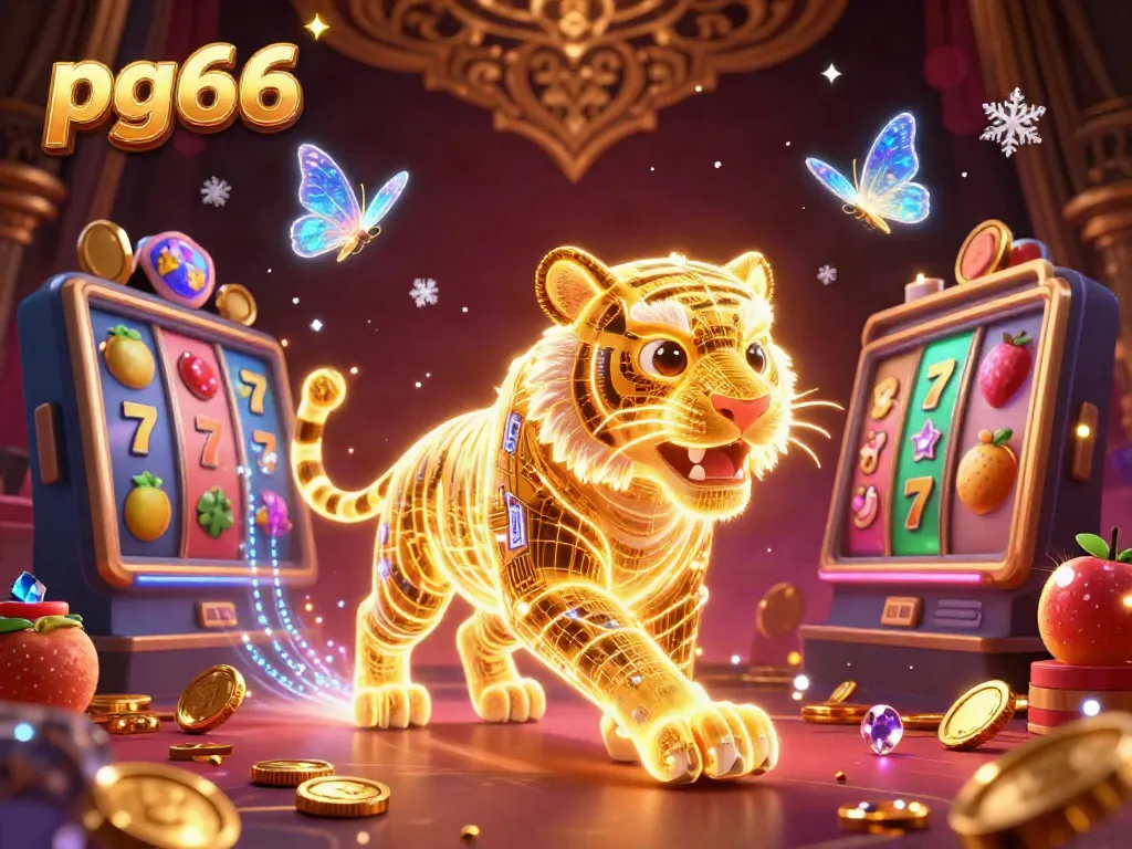 Experience the thrill of pg66 online gambling with a vibrant 3D illustration of a golden tiger in an exciting casino setting.