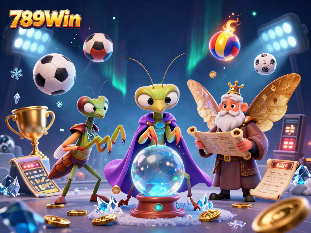 Bet on 789Win's thrilling 3D casino scene featuring a mystical fortune teller and dynamic sports elements.