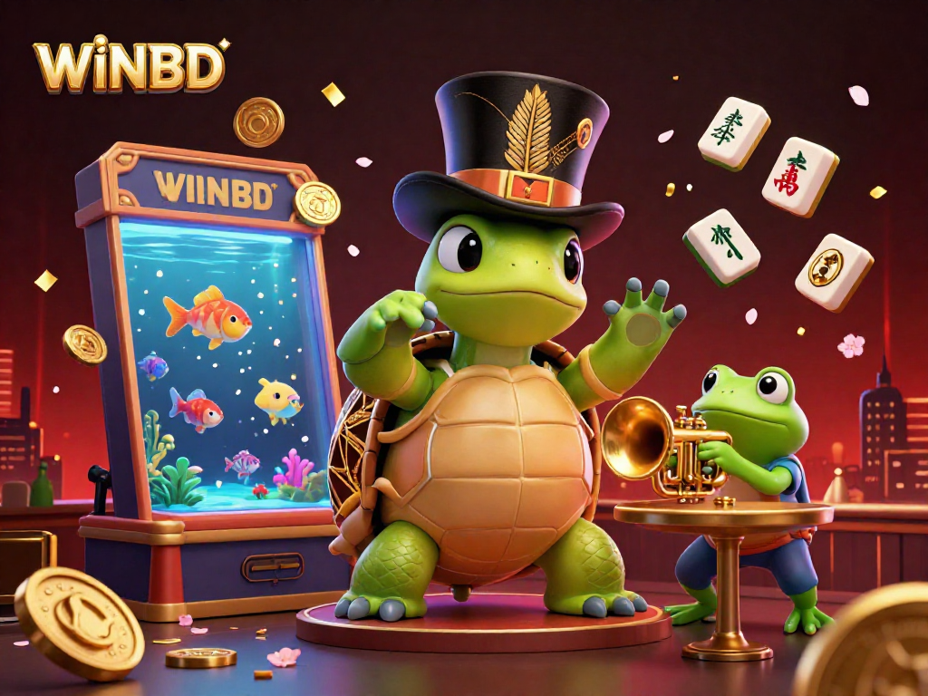 Join the excitement at WINBD with this vibrant illustration of a turtle and frog celebrating gambling adventures.