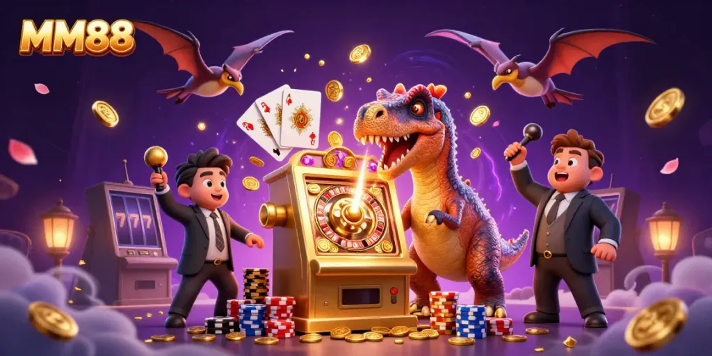 MM88 casino scene with cartoon dinosaurs, a jackpot slot machine, and flying coins.