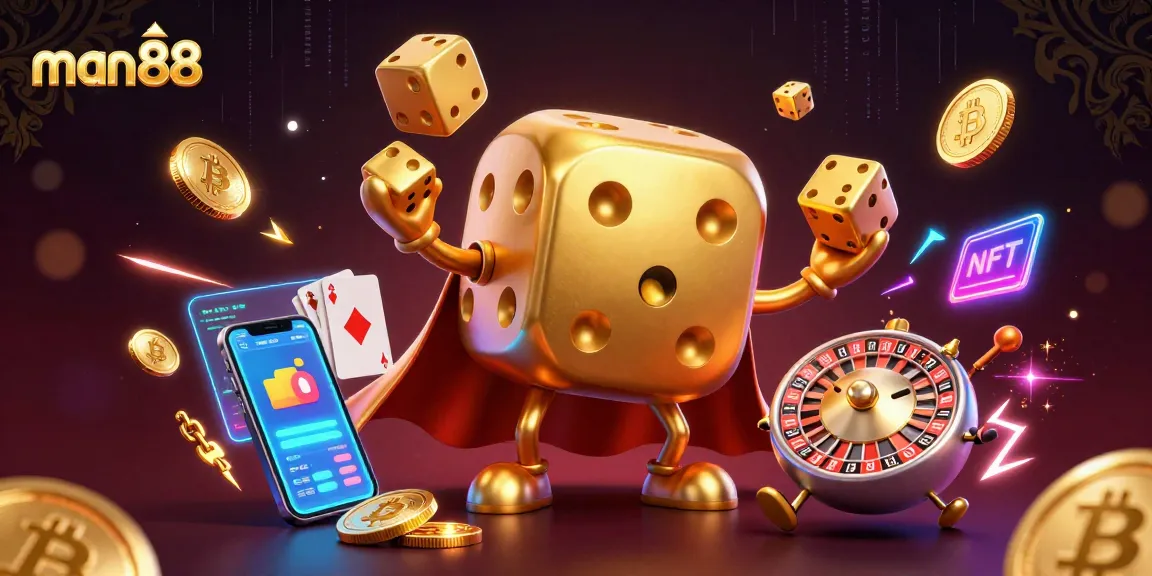 Experience the thrill of man88 with colorful dice and crypto elements in vibrant casino illustration.