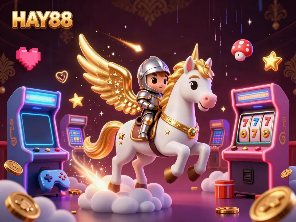 Join the excitement with HAY88, where a celestial horse and knight illuminate a casino universe.