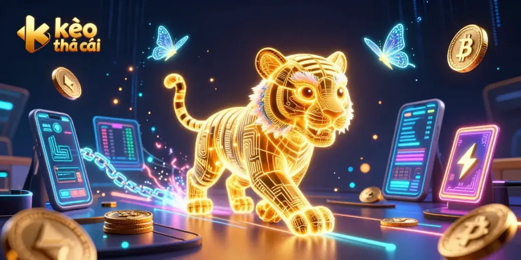 Bet on kèo nhà cái with a dynamic 3D digital casino scene featuring a neon golden tiger and crypto elements.