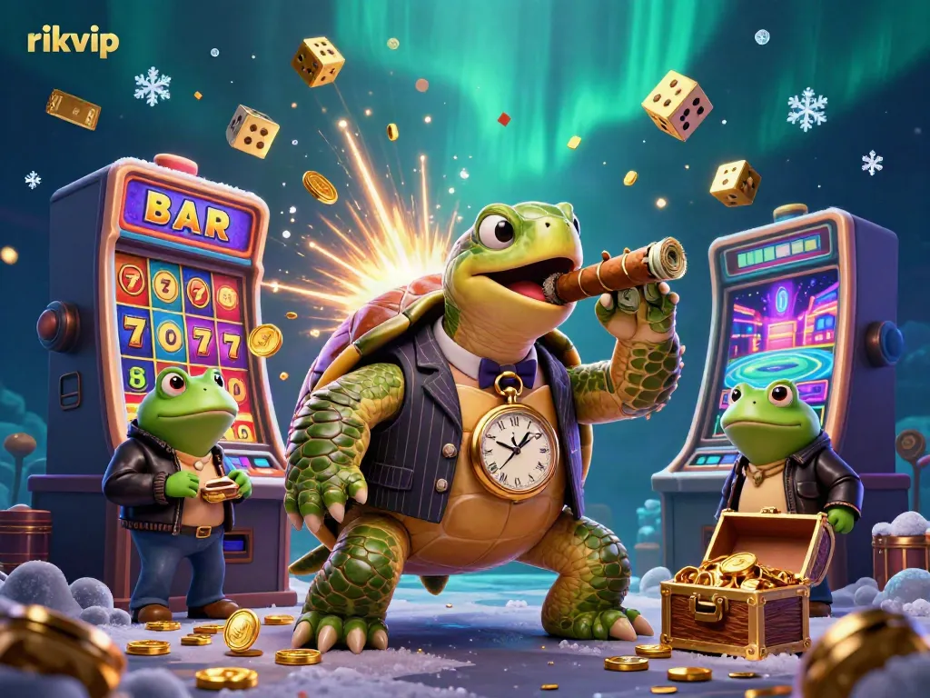 Experience exciting jackpots at rikvip with a 3D cartoon turtle mobster among casino thrills and action.