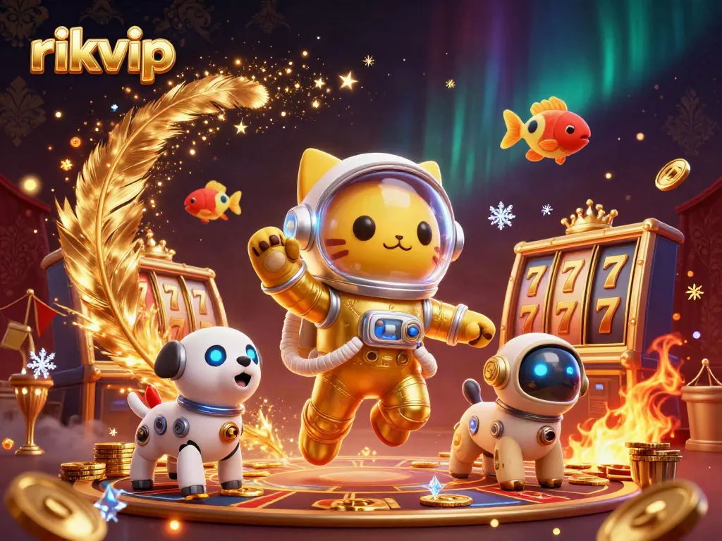 Engage in thrilling gameplay at rikvip, where a space cat and robot explore a dynamic casino scene.