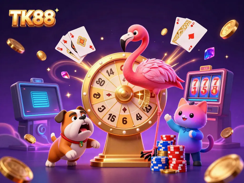 Spin to win at TK88 with colorful casino characters and vibrant gaming elements in action.