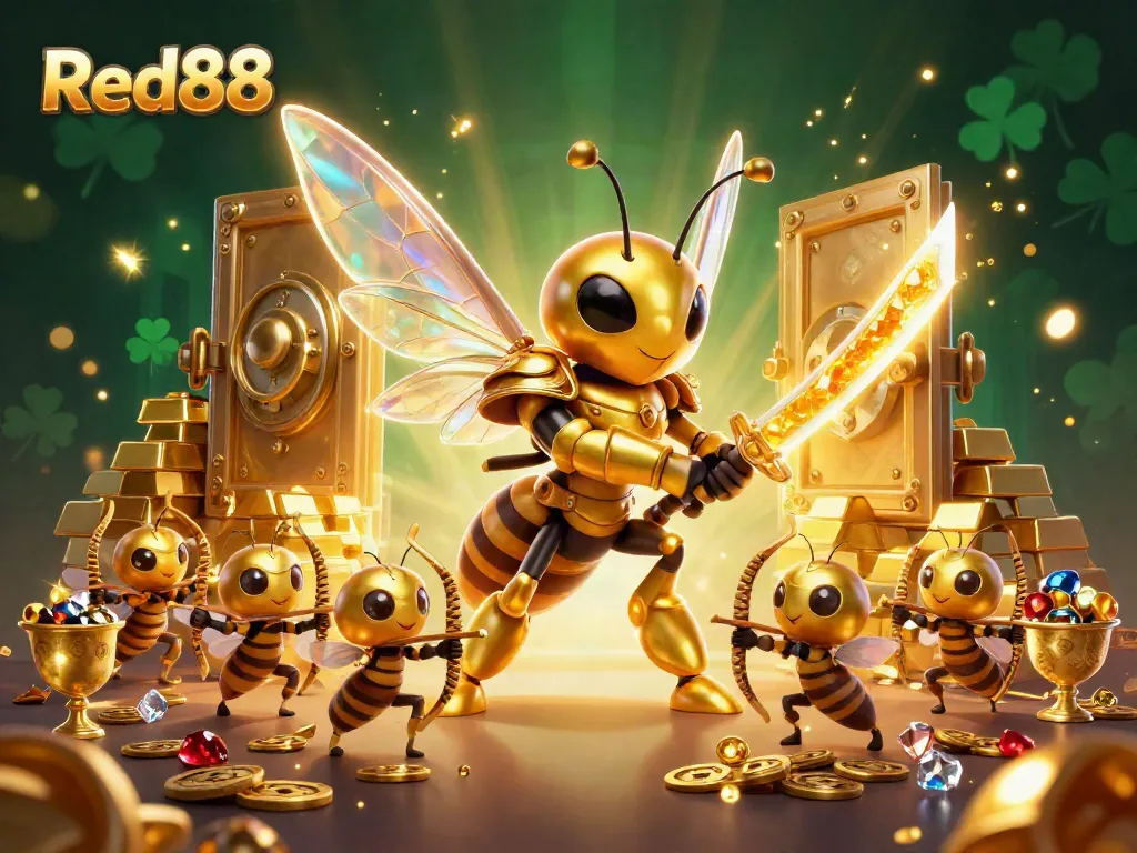 Immerse in the excitement with Red88's vibrant casino scene featuring dynamic characters and rich treasures.
