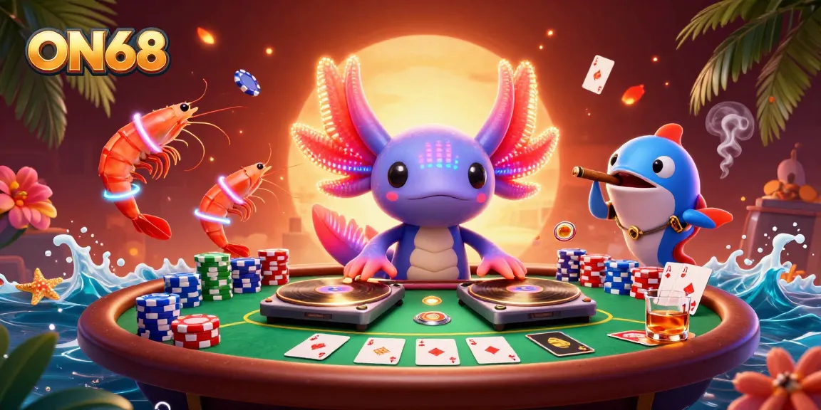 Join the excitement with ON68 as the vibrant neon-colored axolotl DJ spins records amidst dynamic casino action.