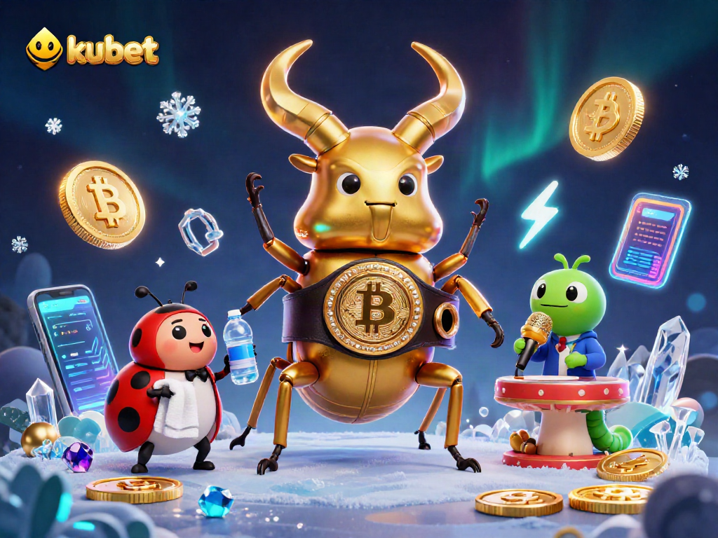 Kubet's vibrant battle scene showcases a golden stag beetle and friends amidst glowing cryptocurrency elements.