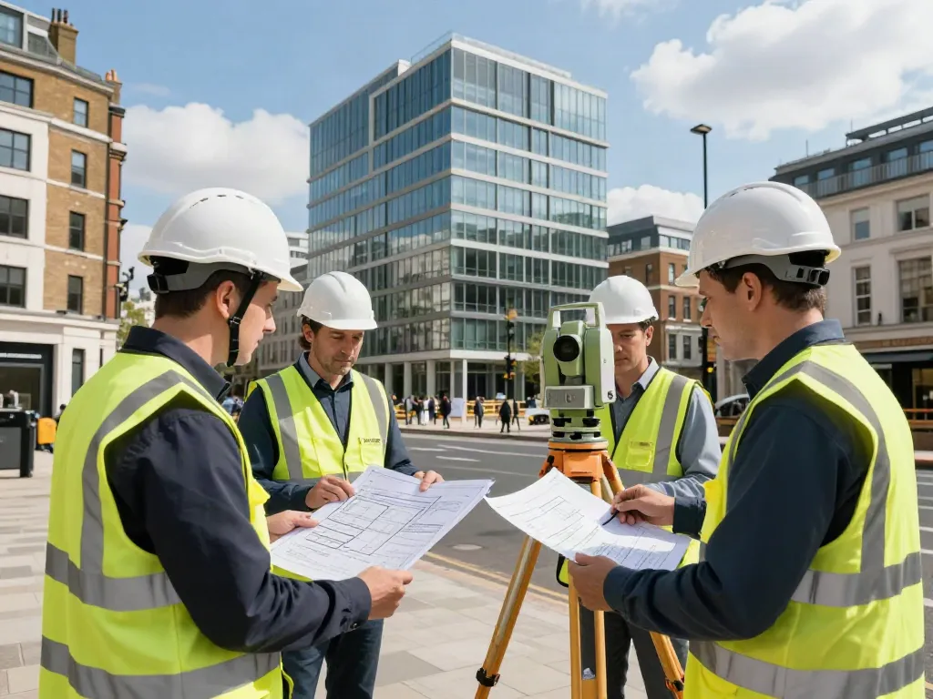 Land Surveyors London team using advanced technology to survey a commercial building in urban London.