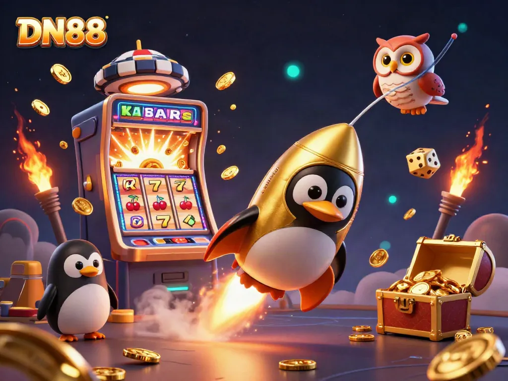 Experience the exciting casino world with DN88 as a golden penguin and a poker chip space station create a thrilling atmosphere.