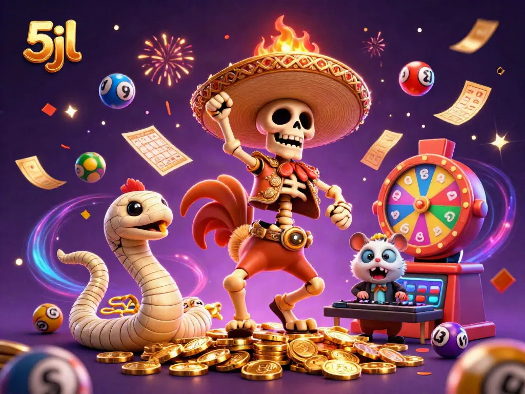 Experience thrilling wins with 5jl as a mariachi rooster dances on gold coins amidst lottery excitement.