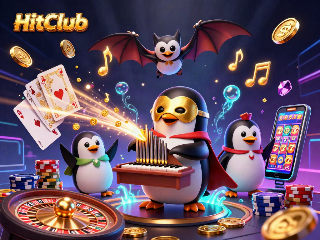 HitClub captivates players with a vibrant 3D illustration of a penguin organist amidst casino symbols.