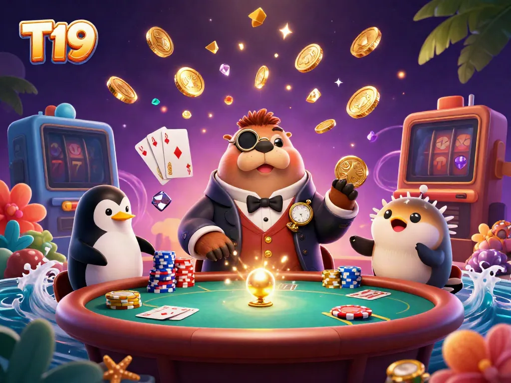 T19 delights with a high-stakes underwater poker game featuring a jolly walrus, penguin dealer, and bluffing pufferfish.