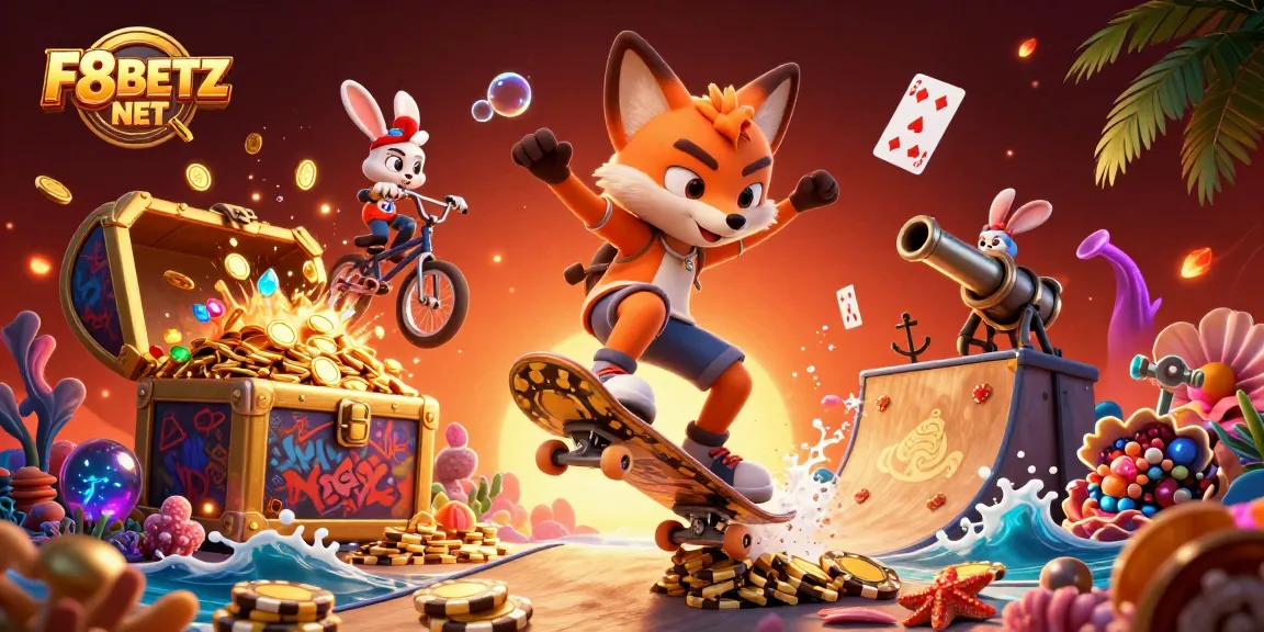 Join the excitement at F8BETZ NET with vivid illustrations of casino fun, featuring a fox and rabbit!