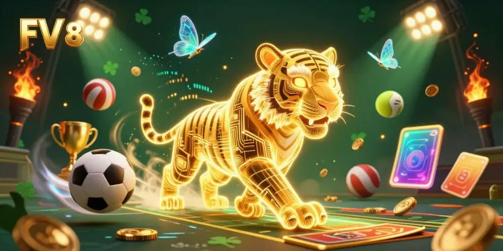 Experience FV 88 in a neon-lit casino landscape with a golden tiger and dynamic sports elements.