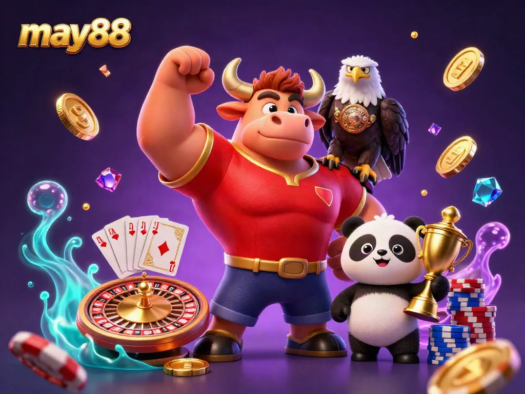 Experience the thrilling victory of may88 with a cartoon bull, eagle, and panda in a vibrant casino scene.