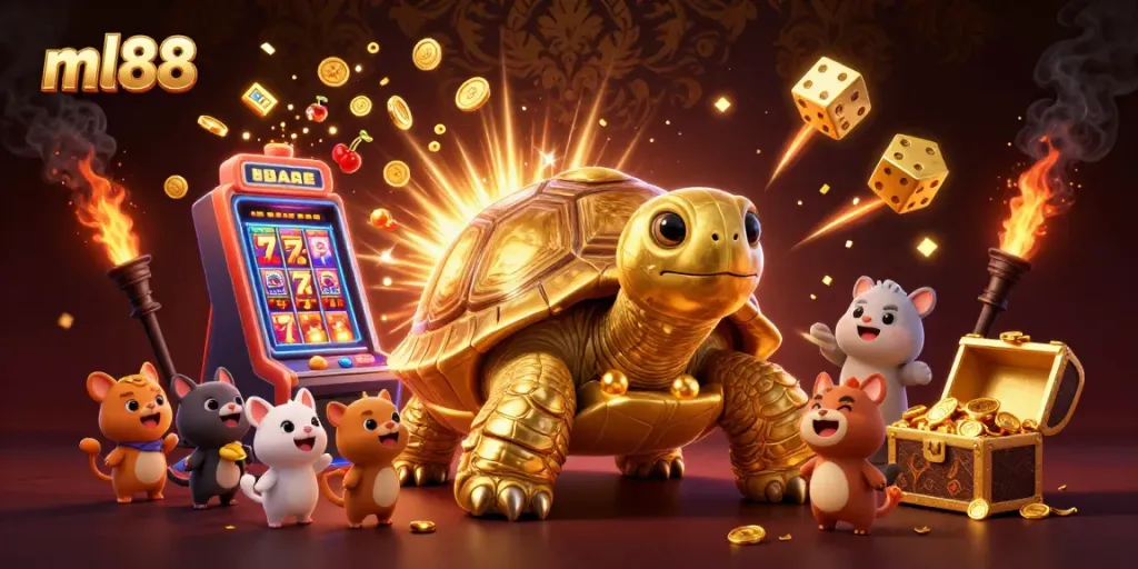 Experience thrilling ml88 gaming as cute characters gather around a slot machine bursting with gold.