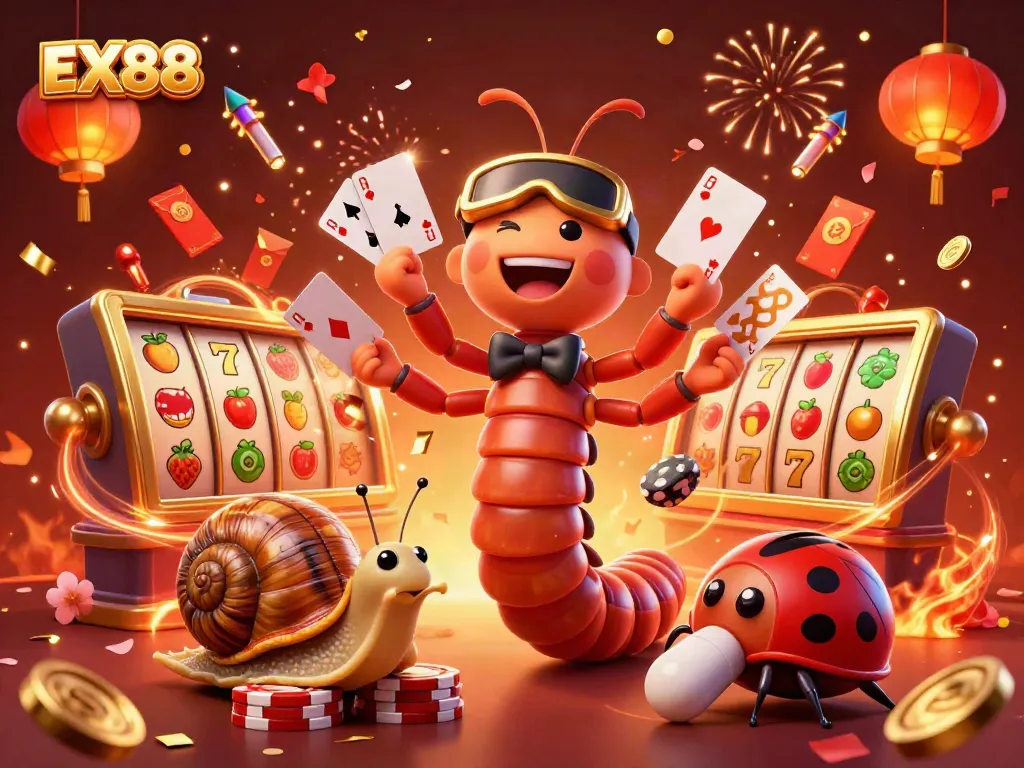 Experience EX88 gameplay with a cartoon millipede dealer, a snail high-roller, and vibrant casino elements.