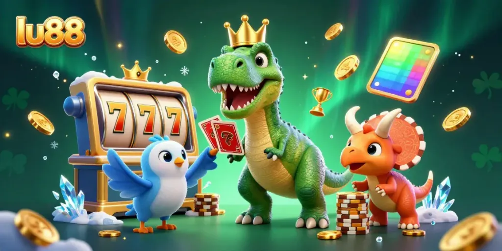 Experience thrilling gameplay at lu88 with playful dinosaurs shuffling cards and stacking chips in this lively casino scene.