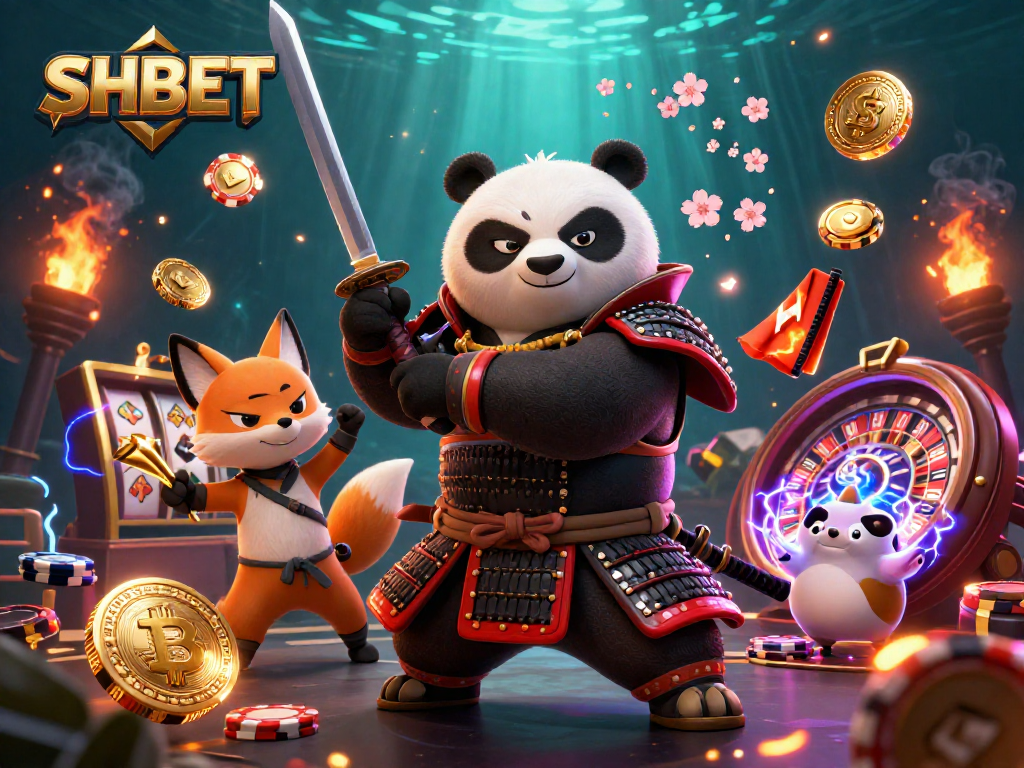 Engage with SHBET in an exciting 3D casino scene featuring a samurai panda and ninja fox.