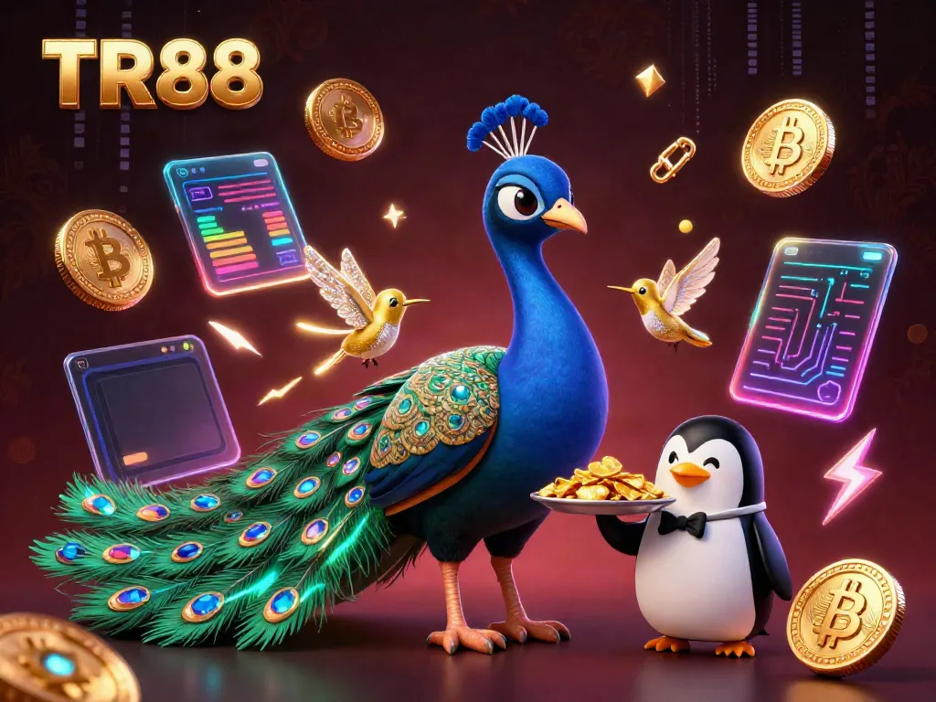 Experience TR88 with a vibrant scene featuring a peacock, a penguin, and a hummingbird amidst glowing casino elements.