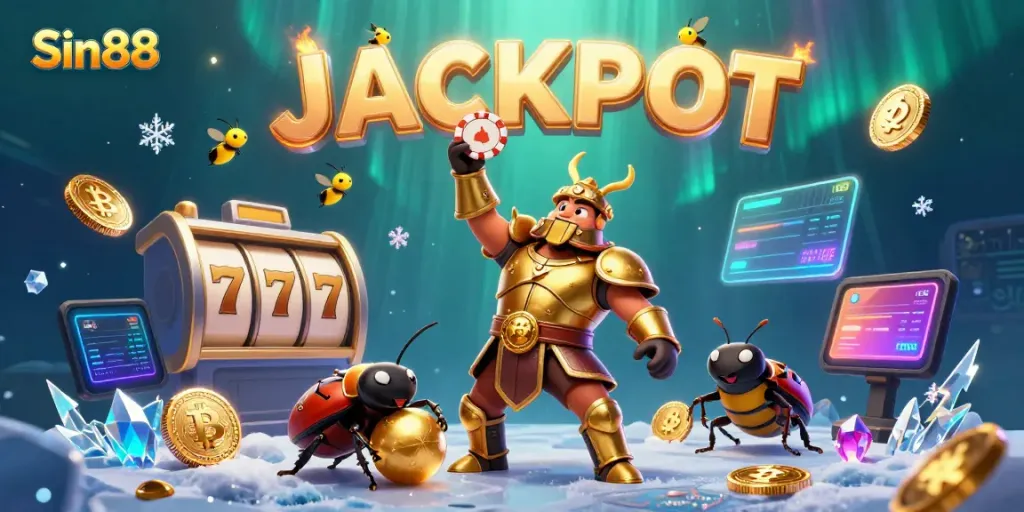 Sin88 features a herculean beetle in armor celebrating a jackpot surrounded by vibrant casino elements.