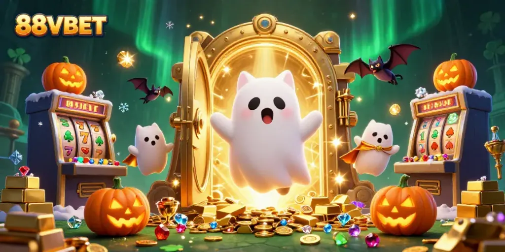 Engage in thrilling experiences with 88VBET's haunted casino illustration featuring vibrant characters and rich details.
