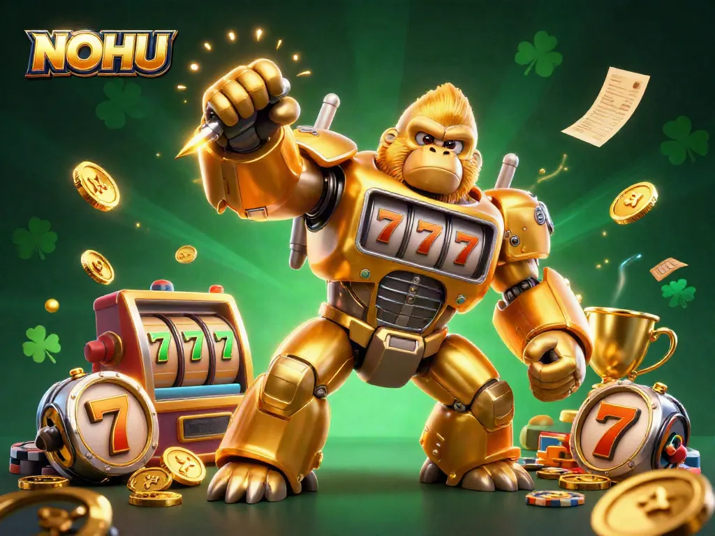 Engage with NOHU's gaming excitement through an ultra-detailed 3D transformation of a golden gorilla mech and casino elements exploding with gold coins.