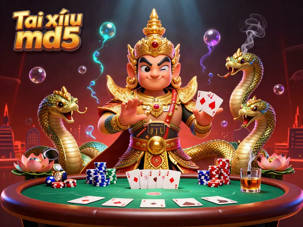 Experience thrilling gameplay with Tài xỉu md5 as the guardian interacts with colorful poker elements.