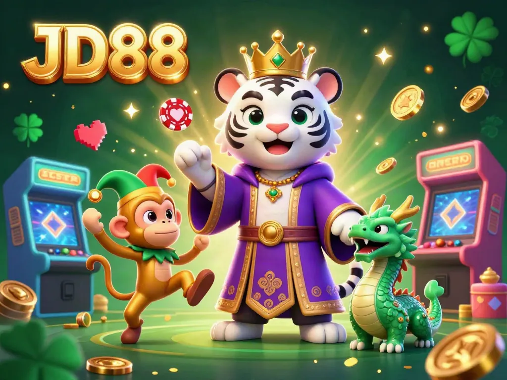 Experience JD88's fun atmosphere with a white tiger, jester monkey, and lively gaming elements.