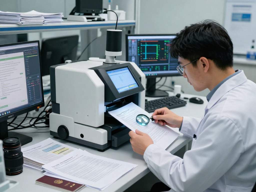 Detailed document fraud detection analysis in a modern lab with high-tech screening tools and analytical displays.