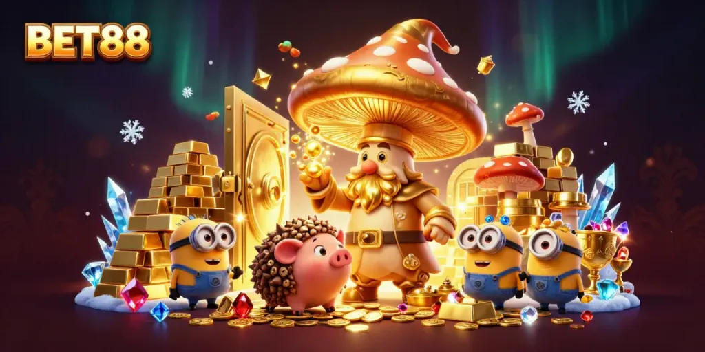 Experience rich gaming adventures with BET88's mesmerizing 3D illustration showcasing magical casino elements.