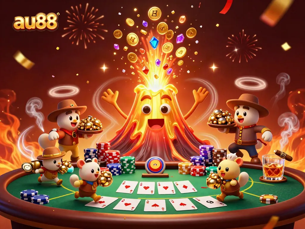 Experience an exciting gaming adventure with au88; a cartoon golden volcano erupts coins while treasures are gathered