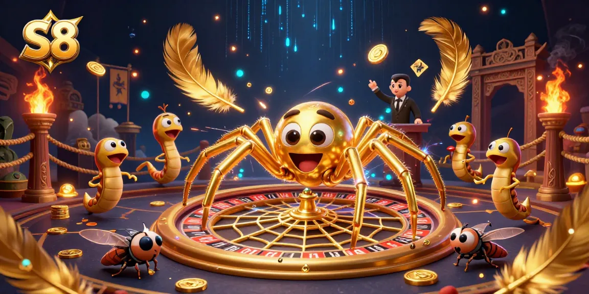 S8 roulette scene with a golden spider, a fly placing bets, and centipede dealer amidst vibrant casino elements