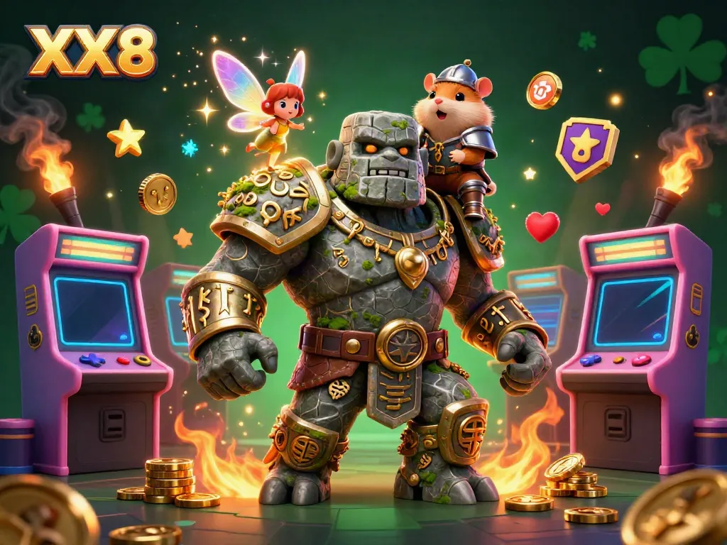 Experience the magic of XX8 casinos with a vibrant, fantasy-inspired illustration featuring a golem guardian and companion characters.
